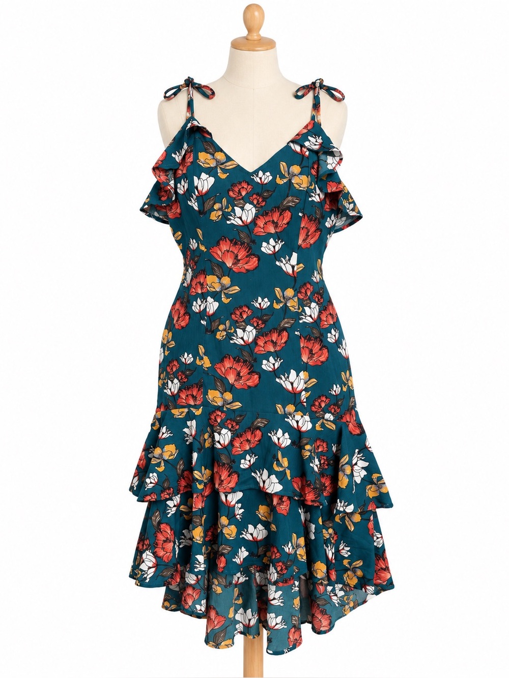Hayden Teal Floral High-Low Dress with Ruffle Hem